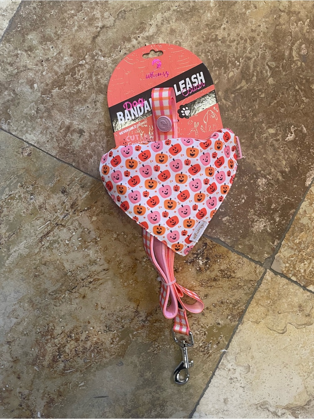 NWT!   Halloween Pumpkin Heart Dog Bandana Leash Set - Pink & Orange.